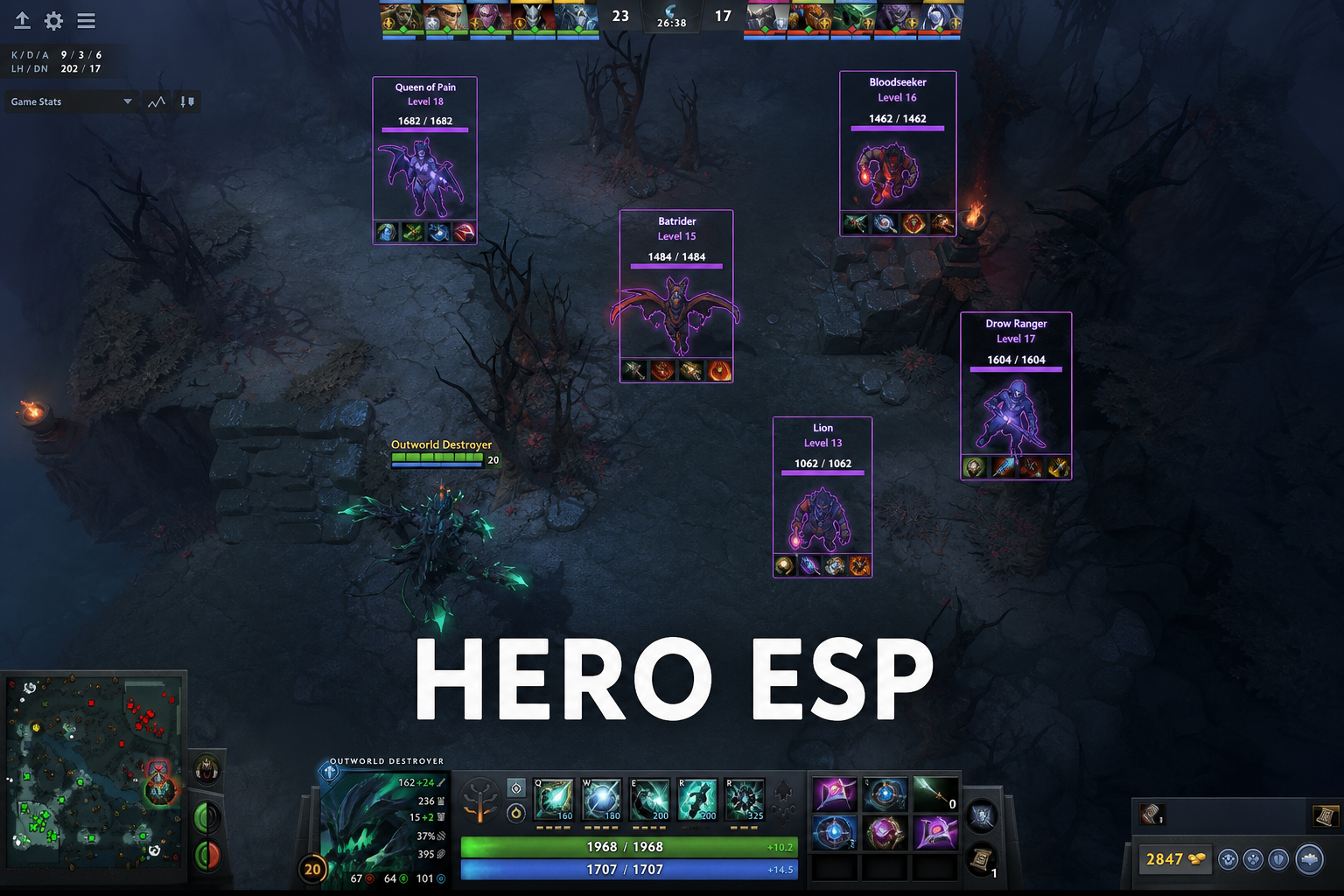 Hero ESP with items and level shown on enemies